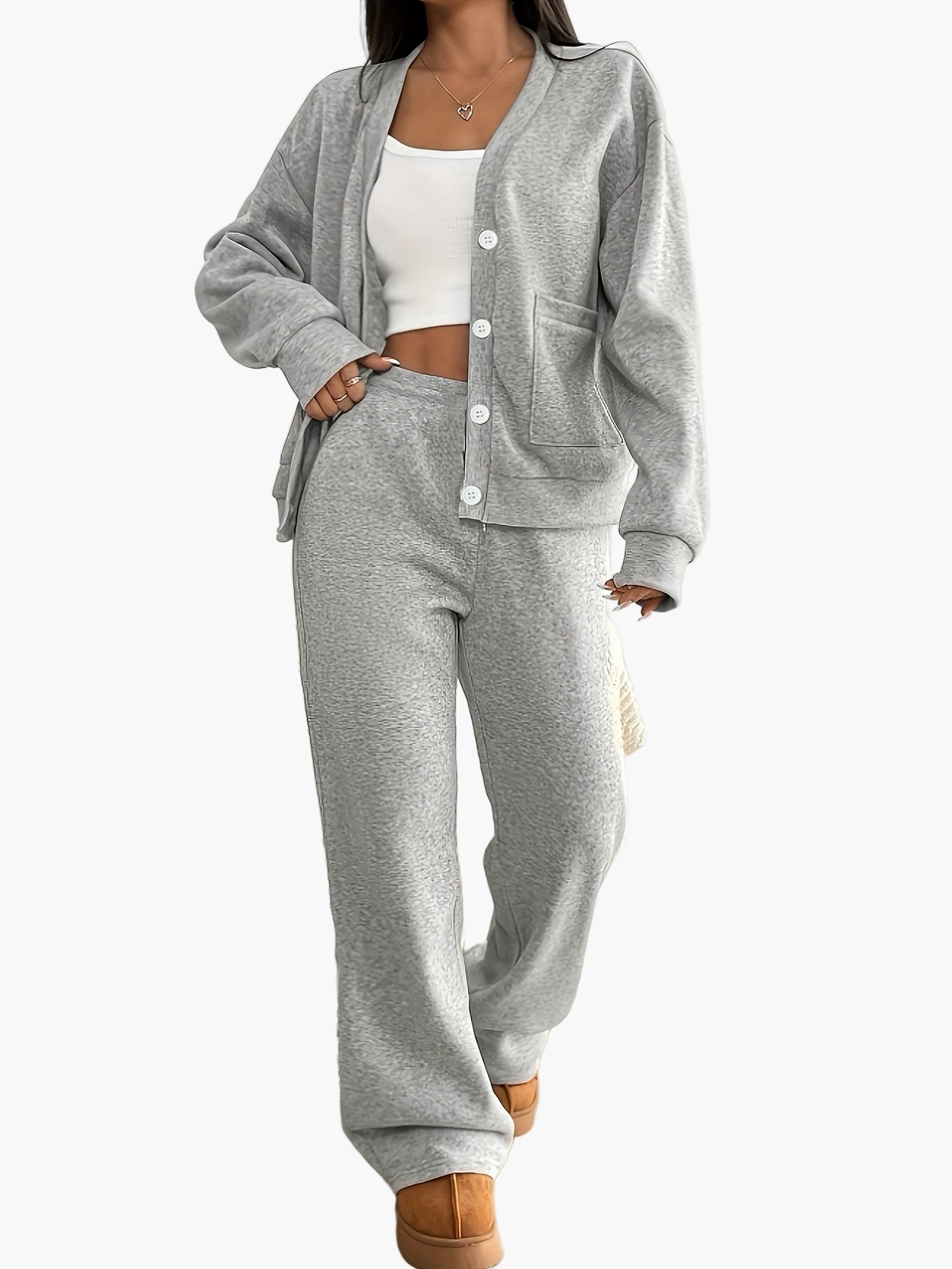 Dames loungewear set – Comfortabel vrijetijdshuispak met knoopsluiting voor thuis en dagelijks gebruik