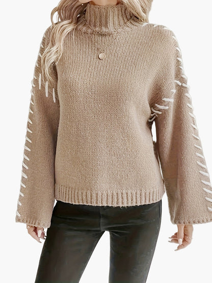 Pull en maille femme à manches larges et couture décorative, col roulé élégant automne/hiver