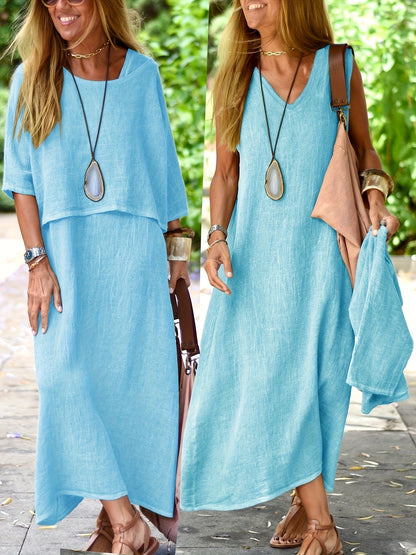 Damen Zweiteiliges Maxikleid Set – Lässiges Sommerkleid mit Überwurf, Eleganter Freizeitstil