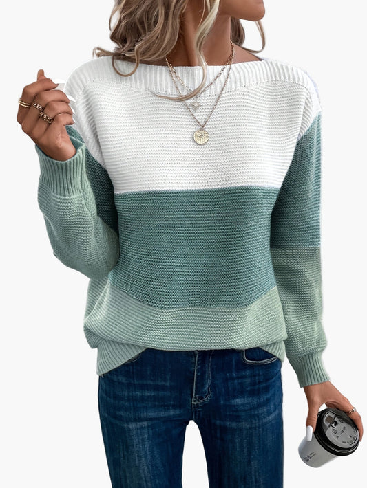 Damernas stickade tröja i colorblock-design – Elegant fritidslook för höst och vinter