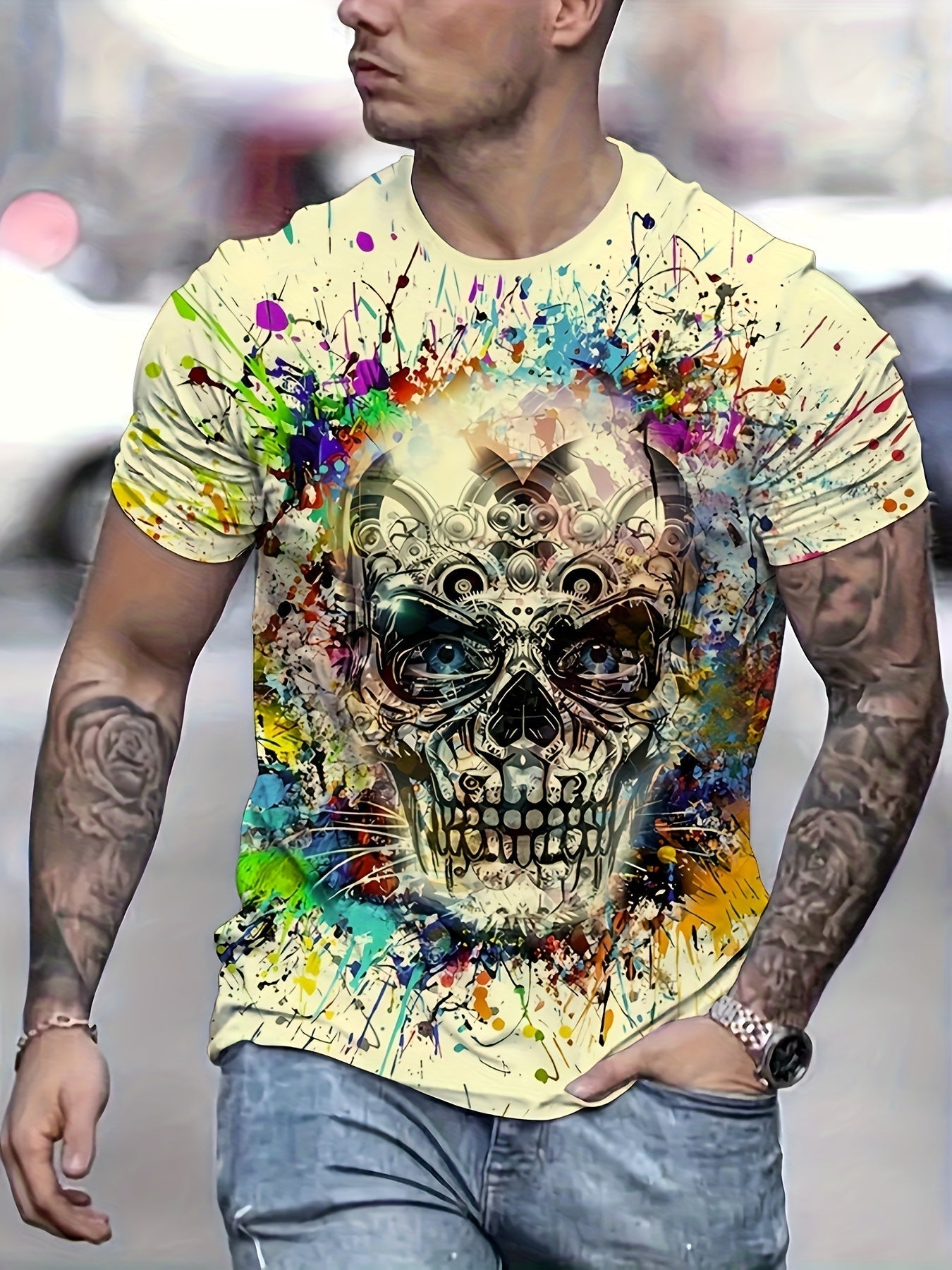 T-shirt homme avec imprimé tête de mort et éclaboussures de peinture – style streetwear urbain, manches courtes, grandes tailles