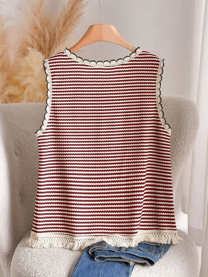 Dame strikket topp i boho-stil med striper og frynser, ermeløs – Perfekt for vår og sommer