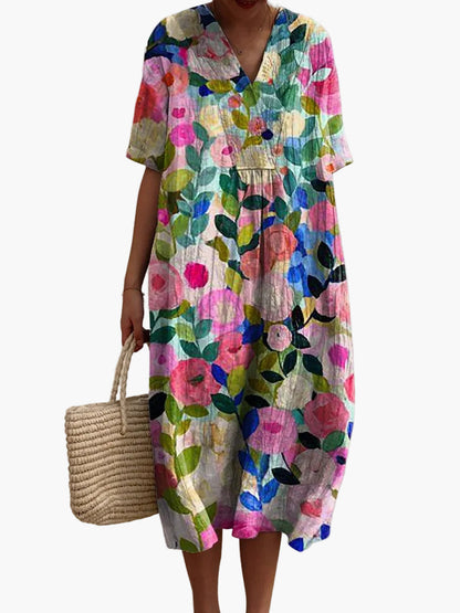 Dame sommerkjole i løs boho-stil – Fritidskjole med blomsterprint og V-udskæring, ideel til strand og hverdag