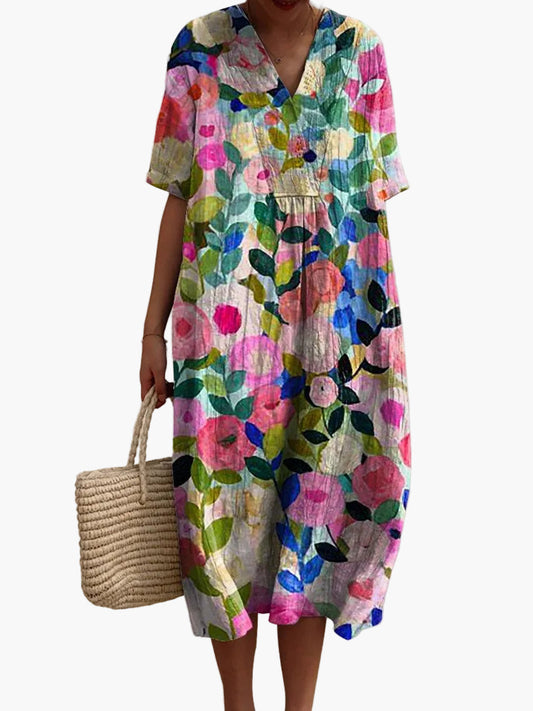 Abito Estivo da Donna in Stile Boho Slegato – Abito Casual con Stampa Floreale e Scollo a V, Ideale per Spiaggia e Quotidiano