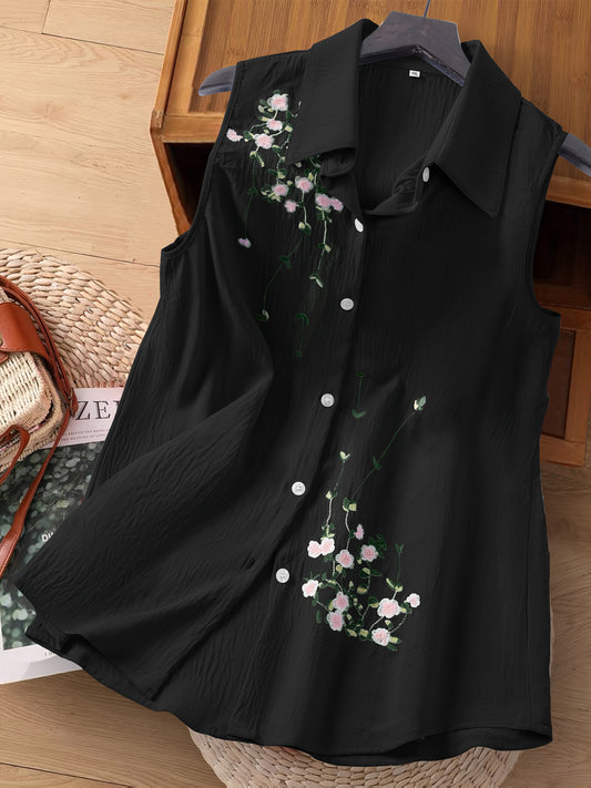 Dame blusetopp uten ermer med blomsterbroderi – Elegant fritidsstil