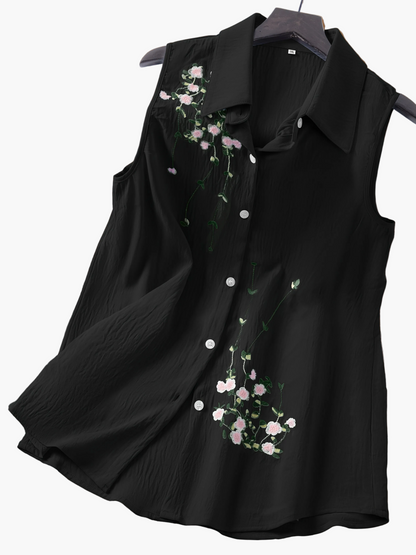 Damski top bez rękawów z kwiatową haftem – elegancki styl casualowy