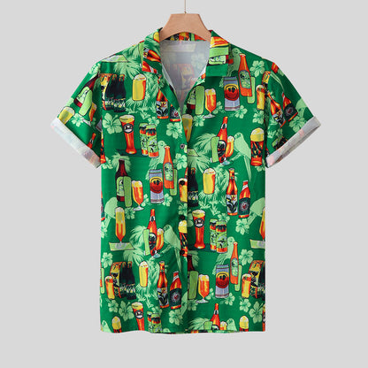 Chemise hawaïenne homme avec imprimé cocktails et bouteilles de bière – Chemise d'été Oktoberfest loisirs fête