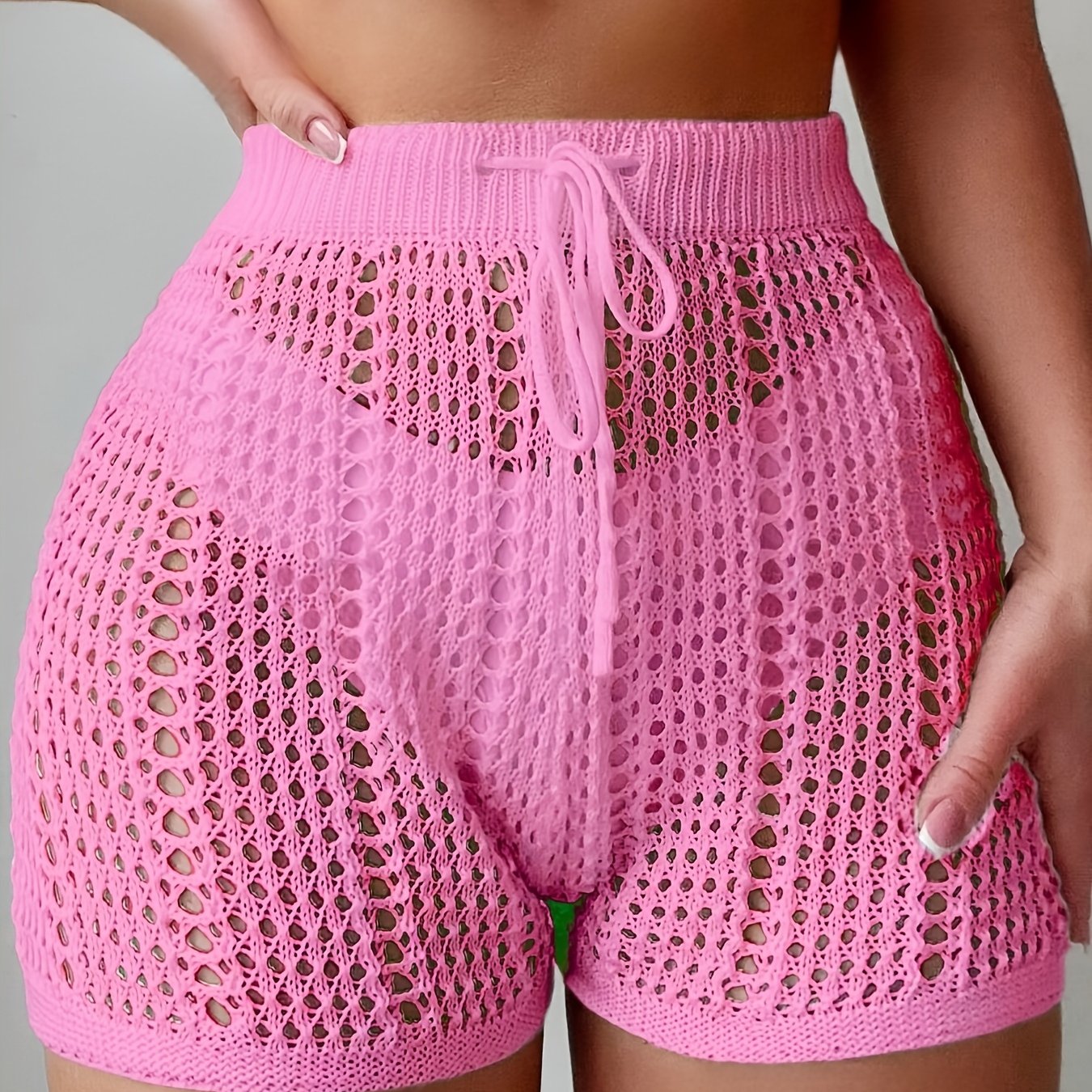 Shorts de crochet para mujer con estilo playero, cintura alta y cinturilla ajustable – Moda en malla para vacaciones, playa y piscina