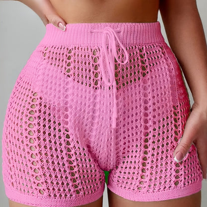 Shorts de crochet para mujer con estilo playero, cintura alta y cinturilla ajustable – Moda en malla para vacaciones, playa y piscina