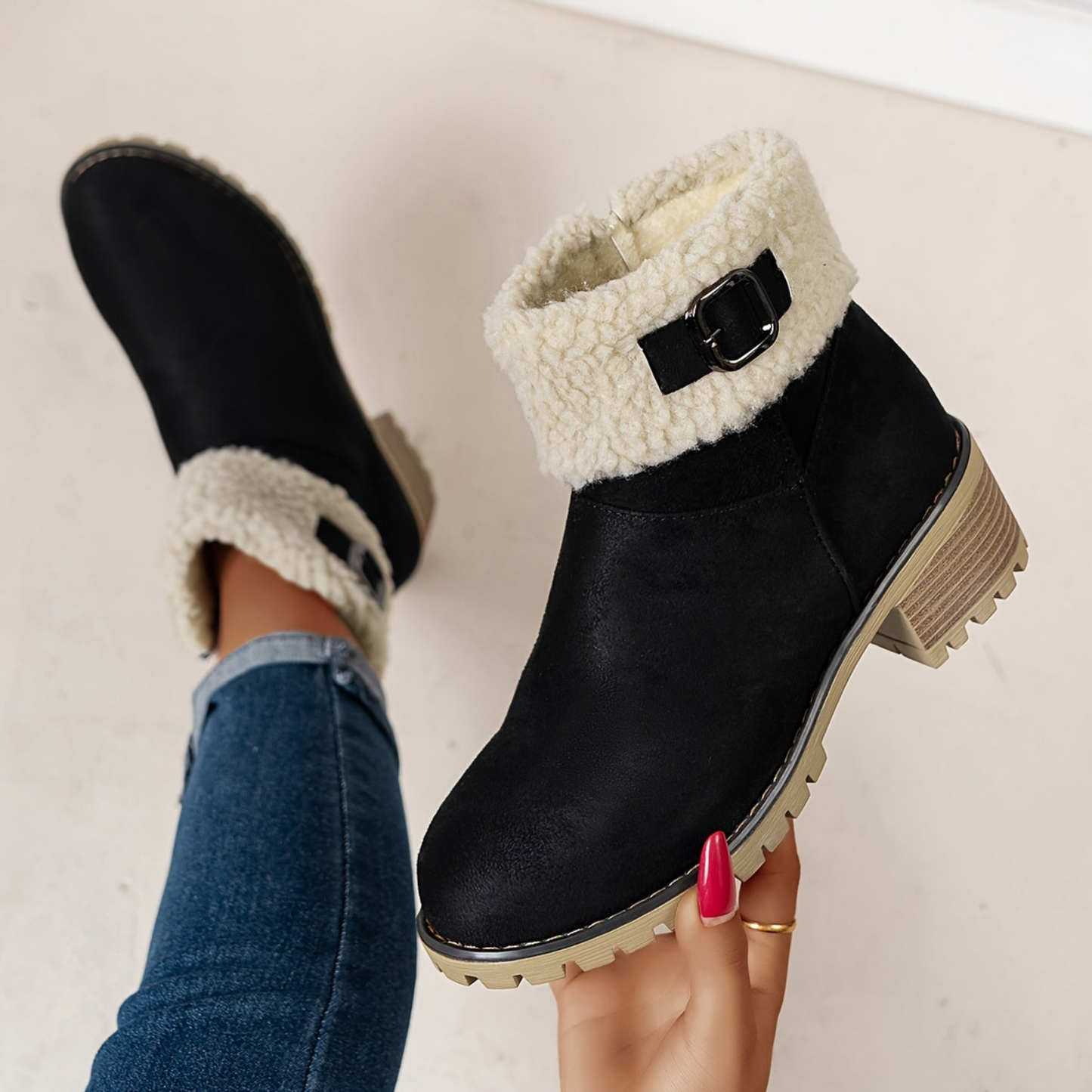 Damen Stiefeletten mit Blockabsatz, Plüschrand und Schnalle, Braun