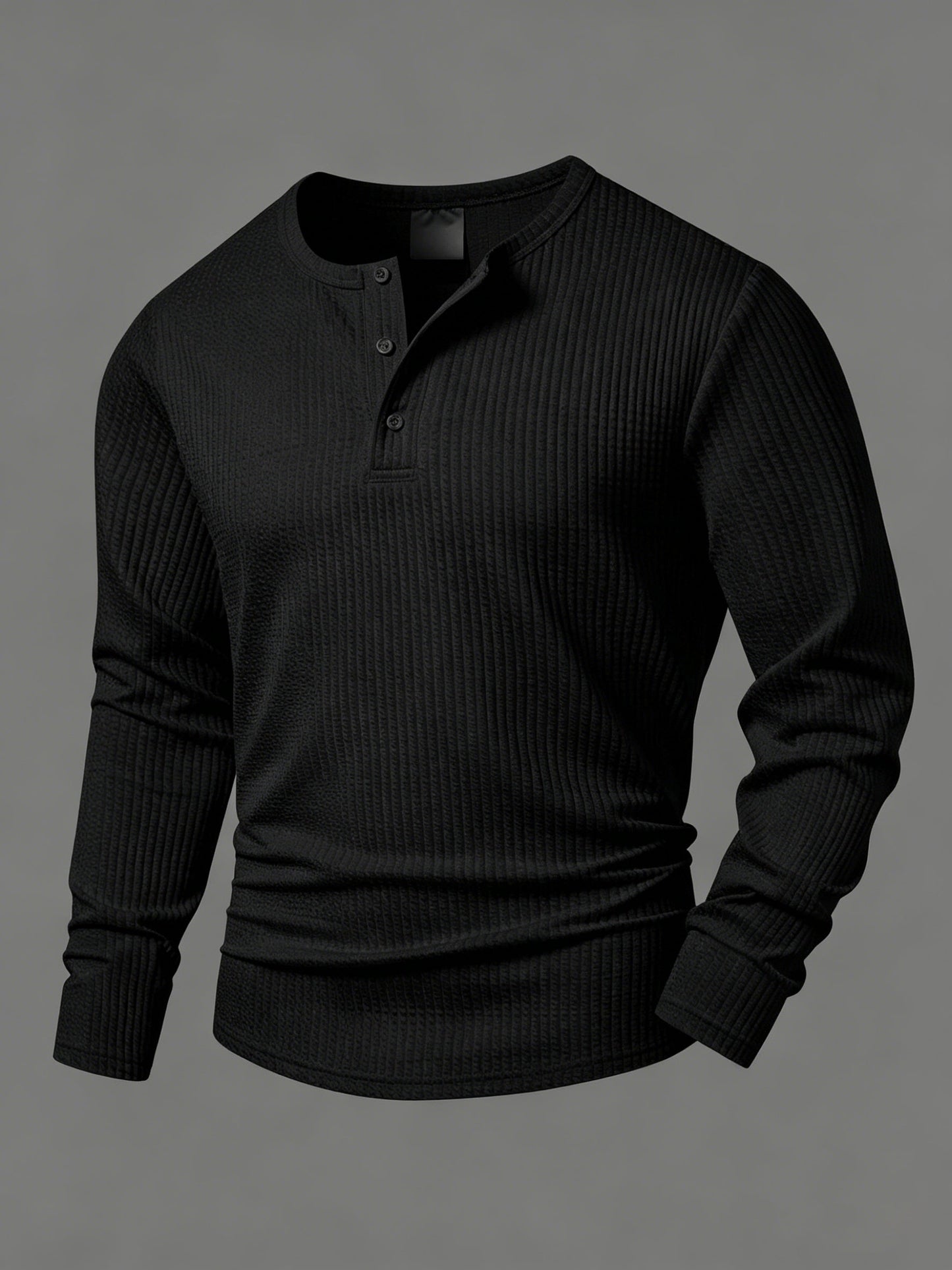 Camiseta de manga larga para hombre, de punto acanalado, con cuello Henley, informal
