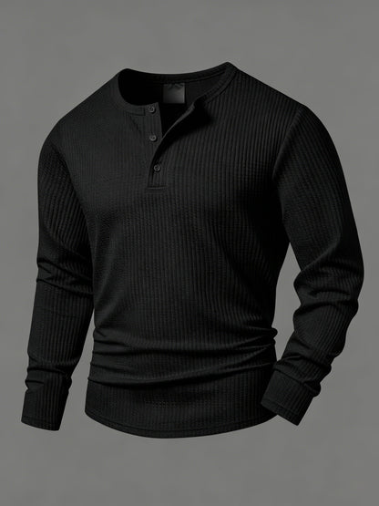 Camiseta de manga larga para hombre, de punto acanalado, con cuello Henley, informal