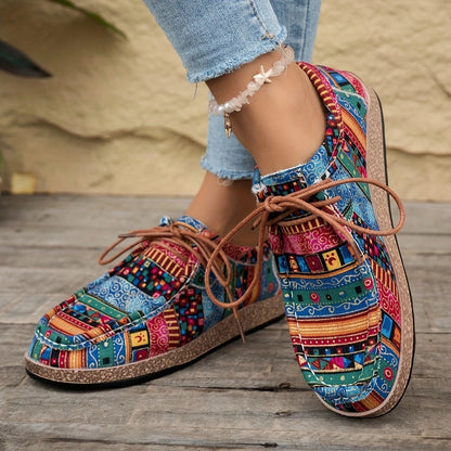 Damen Vintage Freizeitschuhe mit Boho-Muster und Schnürung – Bequeme Alltags-Slipper im Ethno-Stil