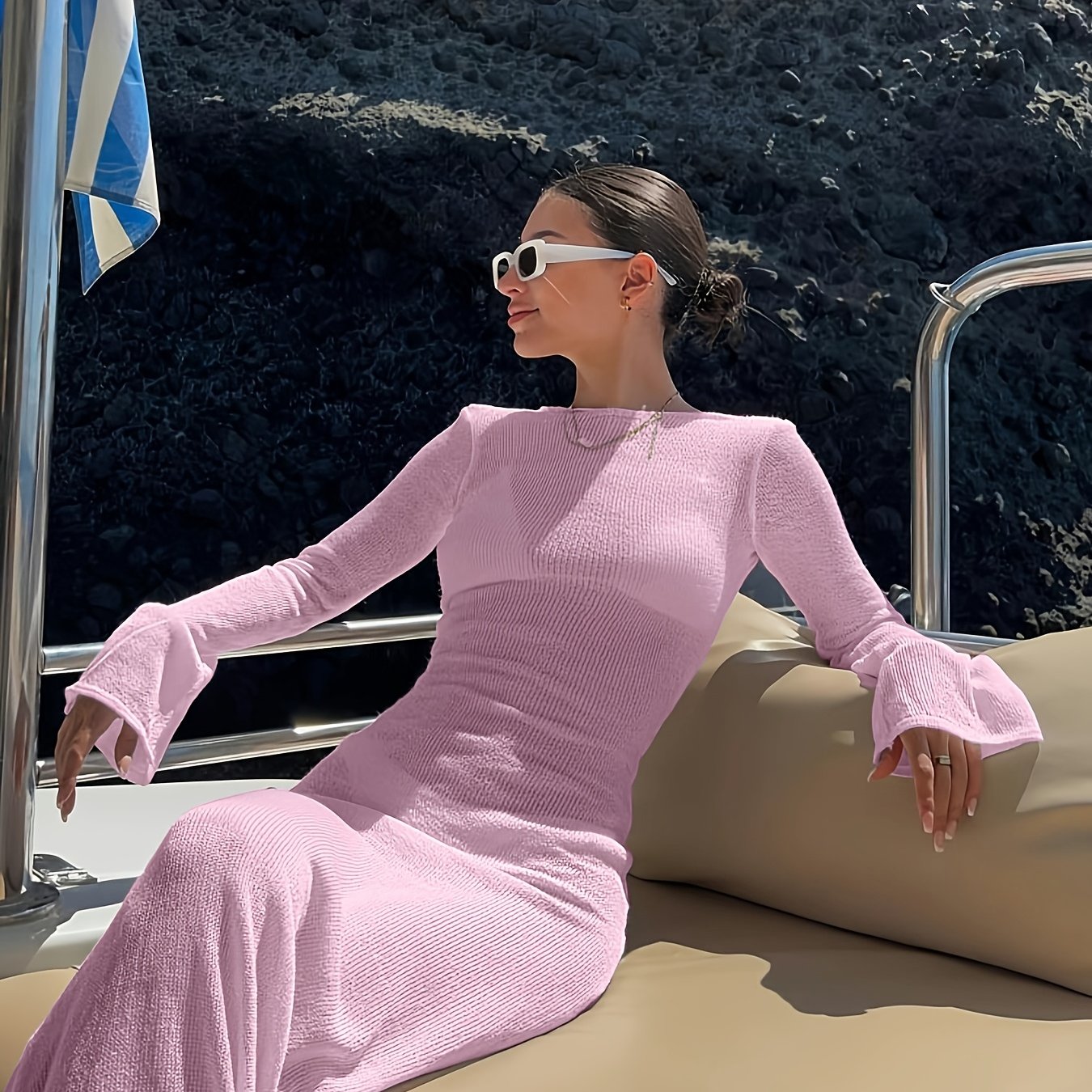 Abito maxi da spiaggia da donna con maniche lunghe, look elegante per vacanze e resort