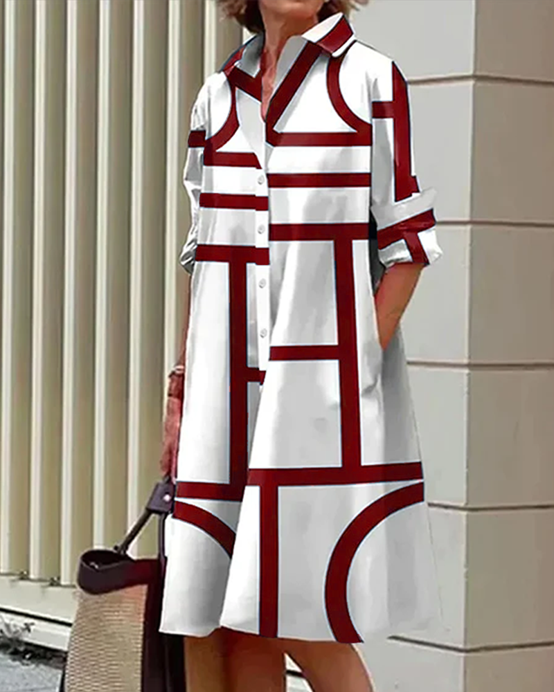 Vestido camisa para mujer con estampado geométrico y bolsillos prácticos – Moderno y versátil para día a día y oficina