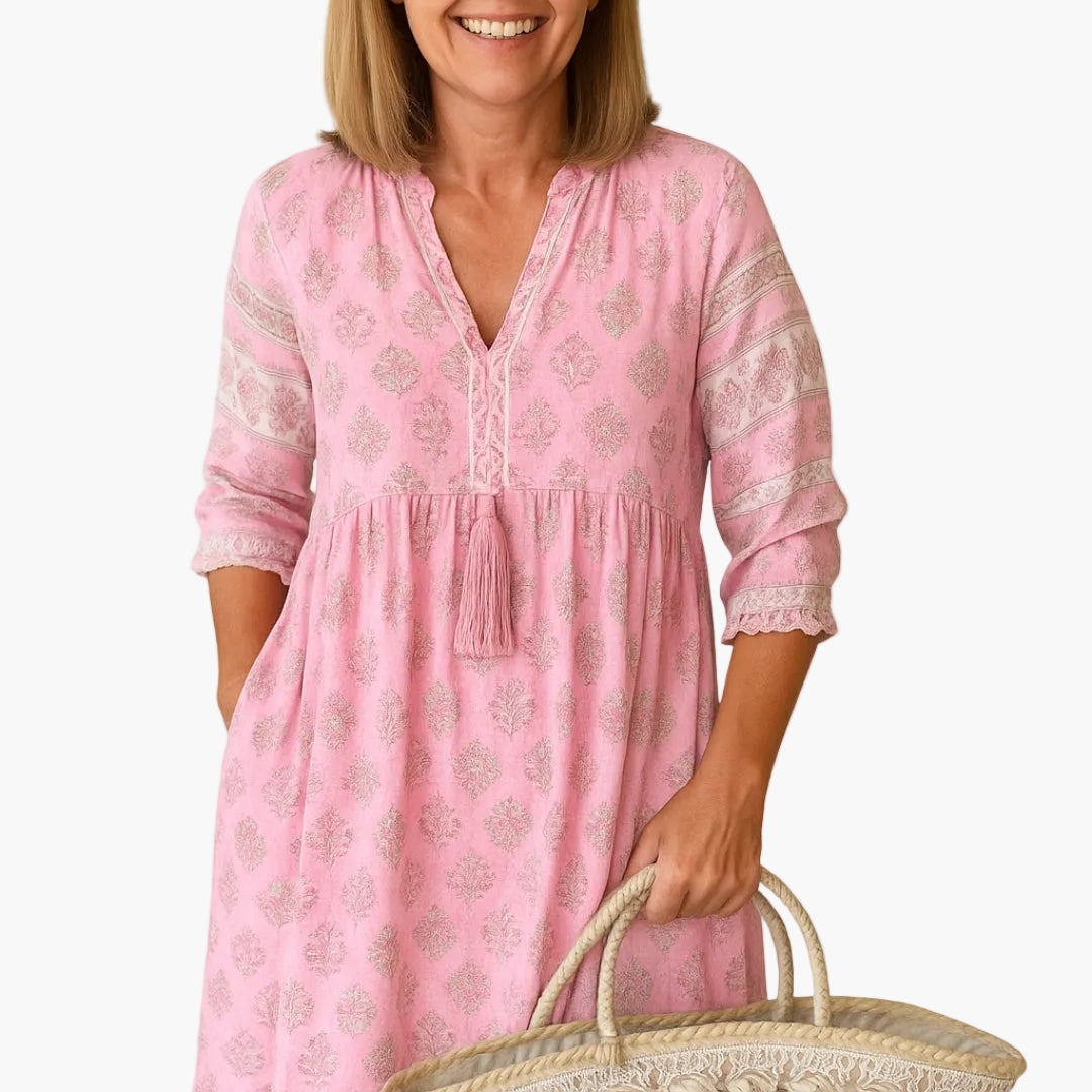 Dame midi boho-kjole med print og kvaster, sommerkjole til fritid med lommer