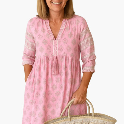 Dame midi boho-kjole med print og kvaster, sommerkjole til fritid med lommer
