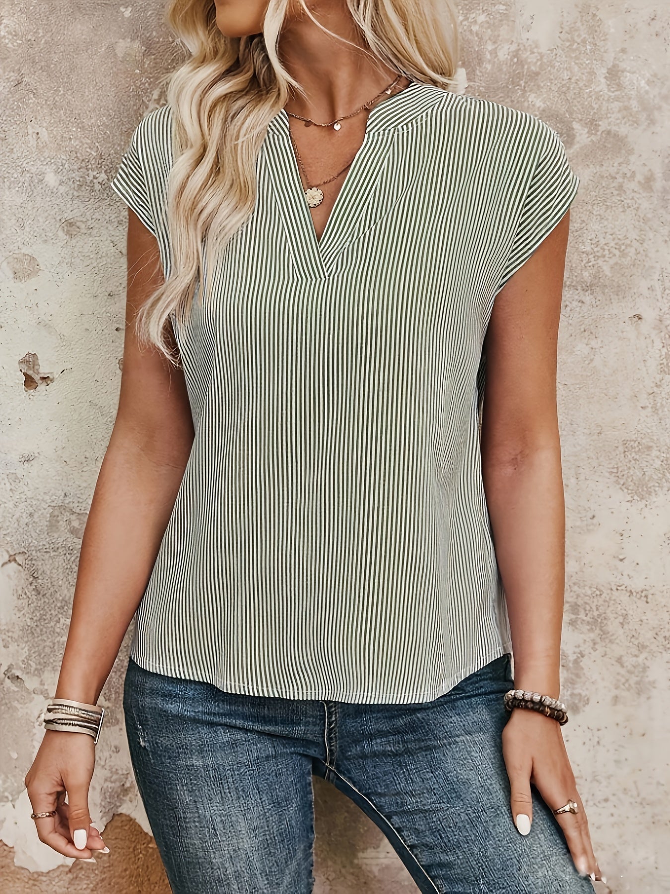 Damen Streifen Bluse Elegant V-Ausschnitt Freizeit Büro Kurzarm