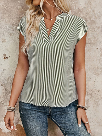 Damen Streifen Bluse Elegant V-Ausschnitt Freizeit Büro Kurzarm