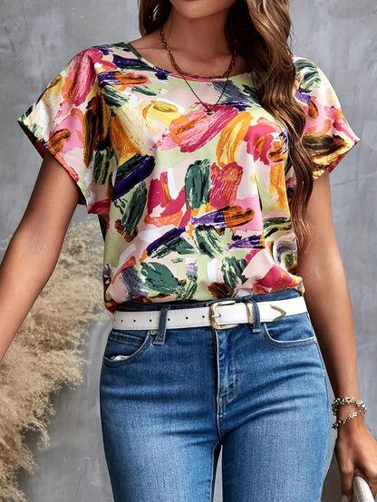 Dames top met korte mouwen en artistieke print – Elegante zomerse look voor dagelijks gebruik en vrije tijd