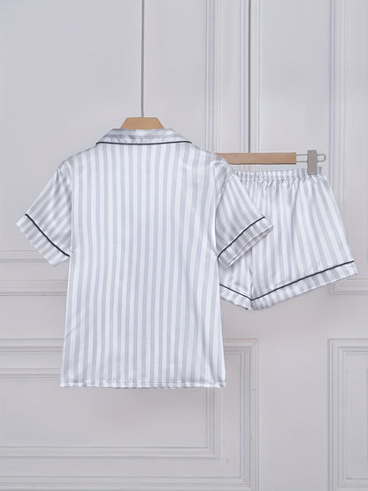 Set pigiama donna manica corta con righe e abbottonatura – Set comodo di biancheria da notte estiva