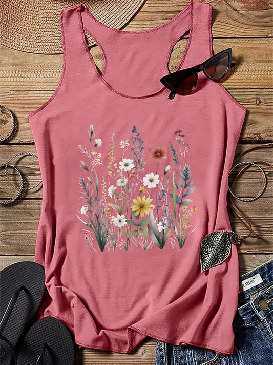 Dame tanktop med vilde blomsterprint – sommer fritidsskjorte i boho-stil