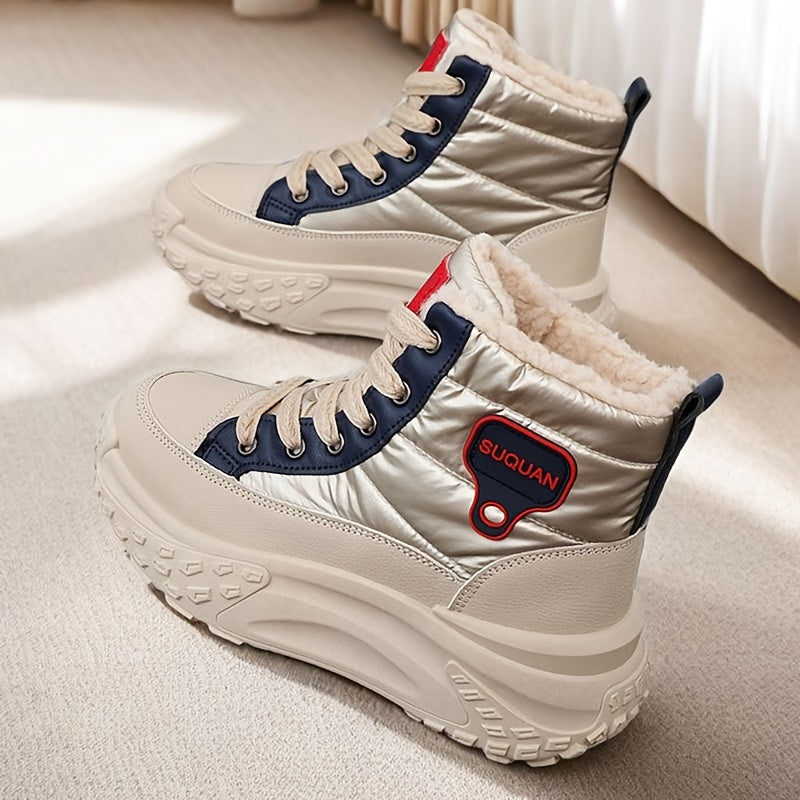 Winterstiefeletten Damen Beige Gefüttert Plateau Sohle