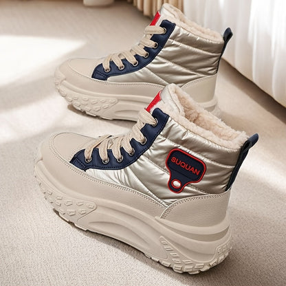 Winterstiefeletten Damen Beige Gefüttert Plateau Sohle