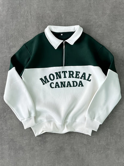 Unisex Color Block Sweatshirt mit Reißverschluss-Polo-Kragen und Montreal Canada Aufdruck