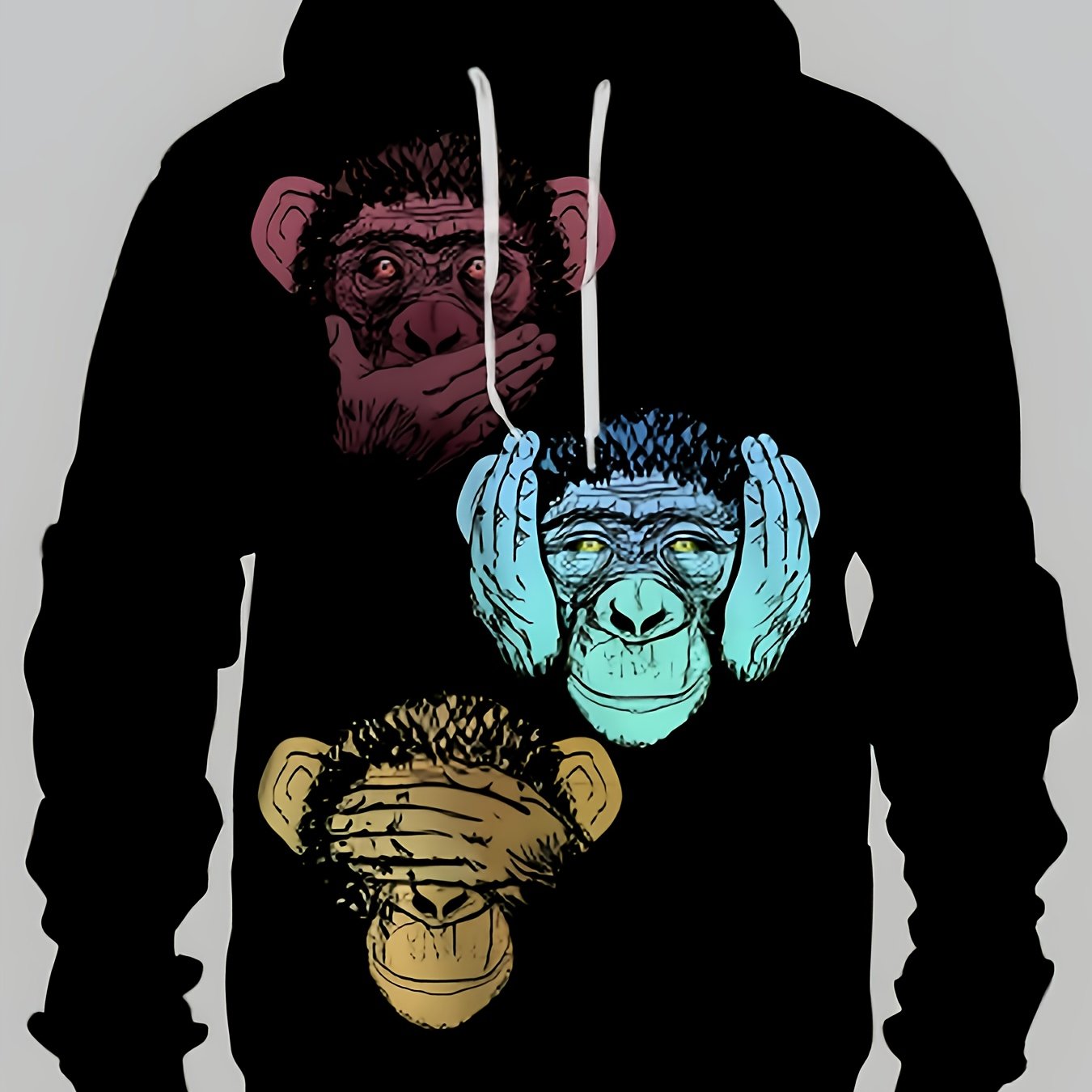 Sudadera con capucha negra unisex con diseño de 3 monos
