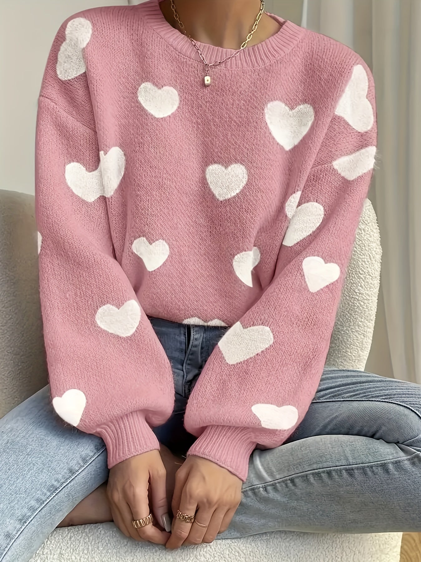 Maglione da donna lavorato a maglia, vestibilità morbida, motivo a cuore, girocollo, bianco e beige