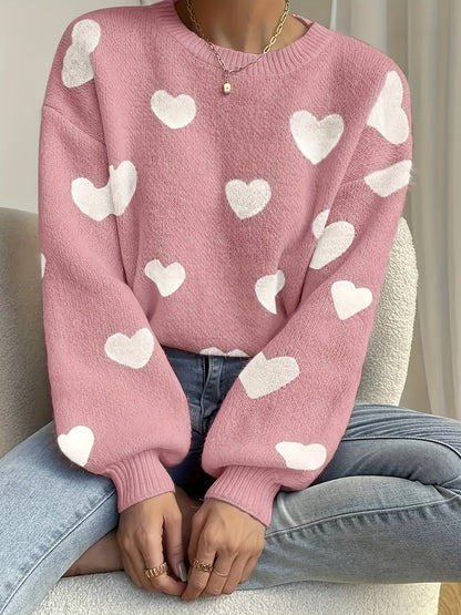 Maglione da donna lavorato a maglia, vestibilità morbida, motivo a cuore, girocollo, bianco e beige