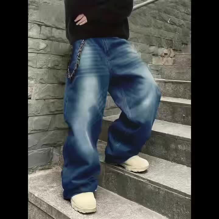 Loose Fit Jeans mit weitem Bein für Herren, Used-Look, Blau