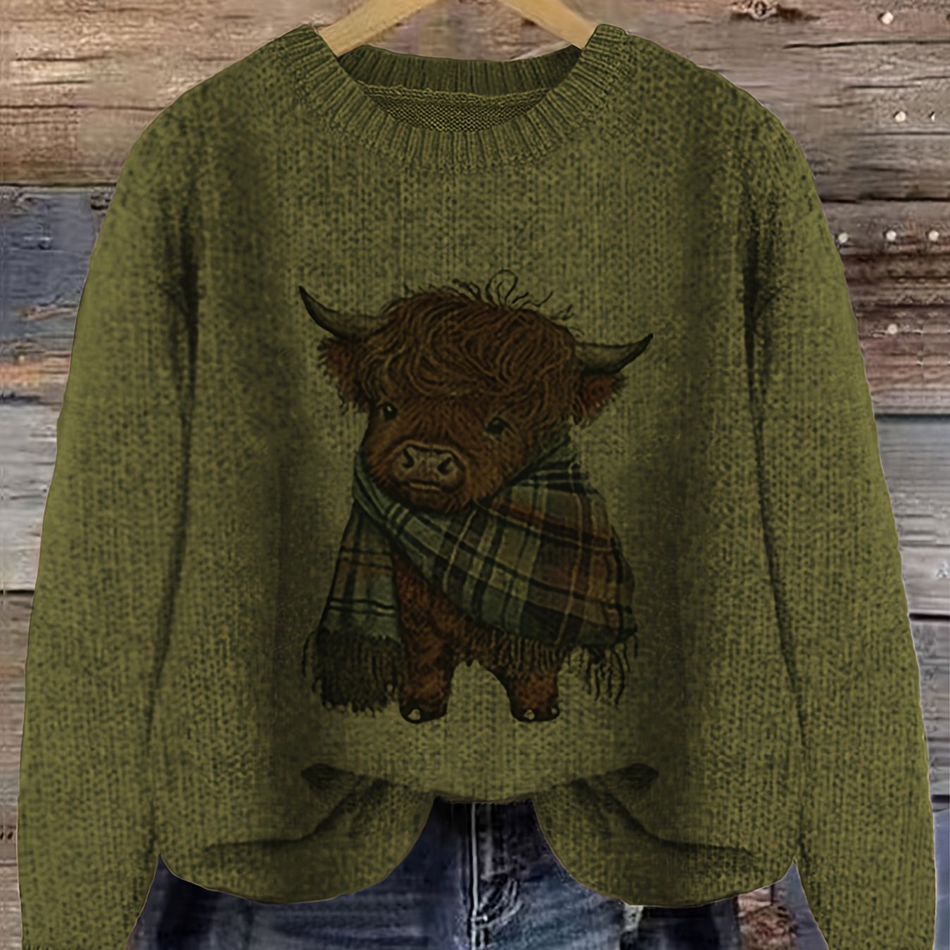 Women's Crew Neck Highland Cow Graphic Pullover Sweater