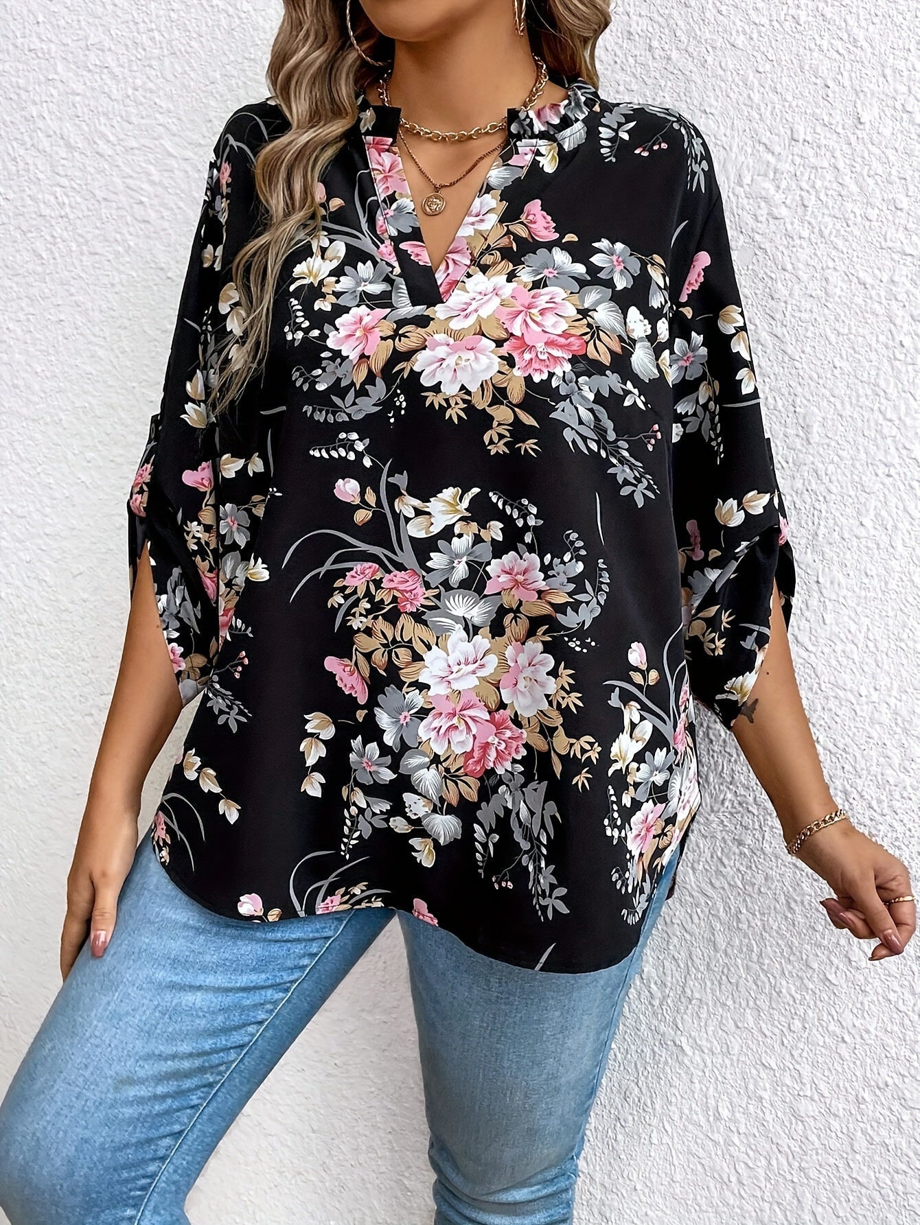 Damen Elegante Bluse mit Blumenmuster und V-Ausschnitt – Perfekt für Alltag und Büro