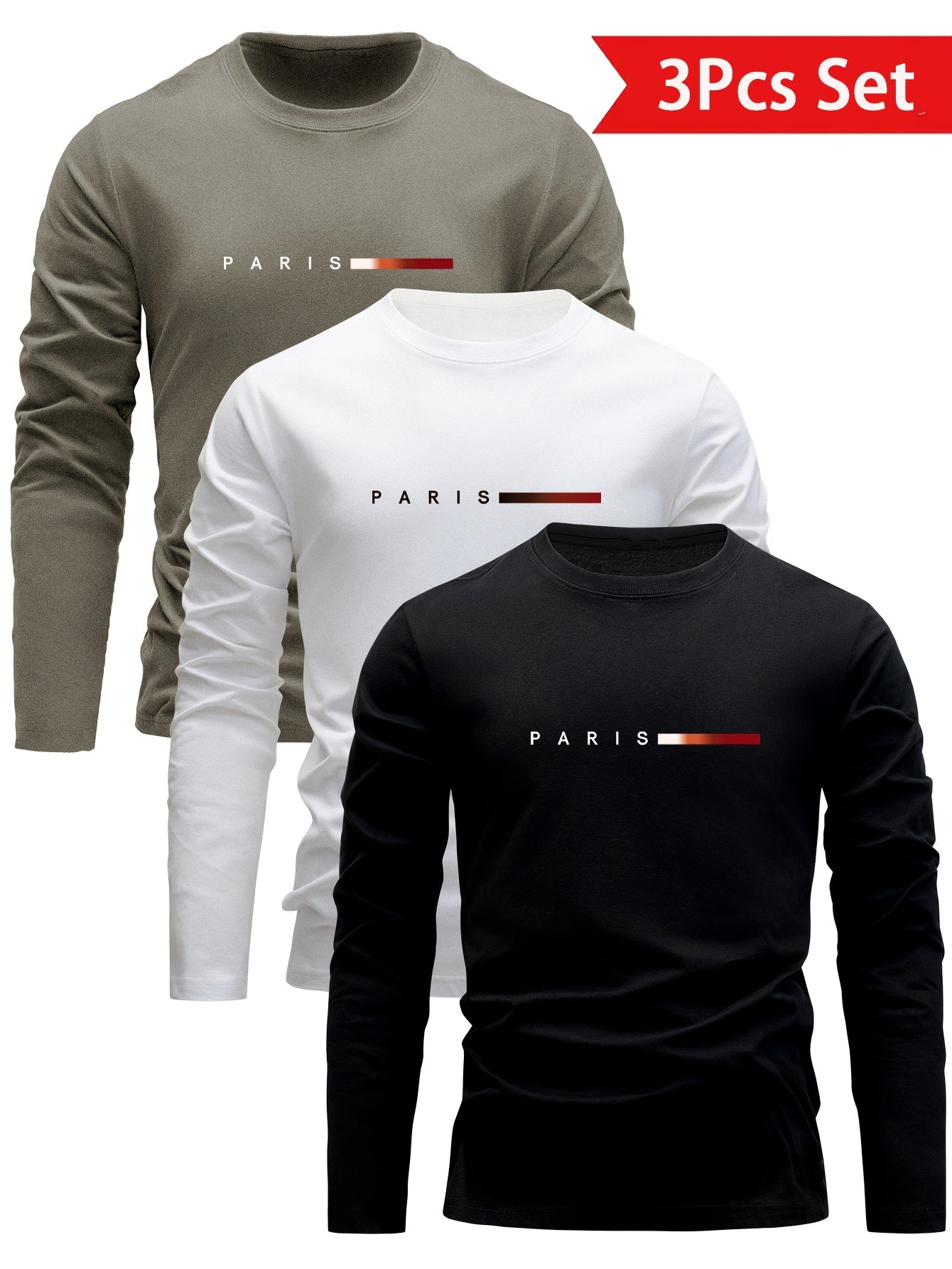 Herren Langarmshirt 3er-Set mit Rundhalsausschnitt und „Paris“-Druck
