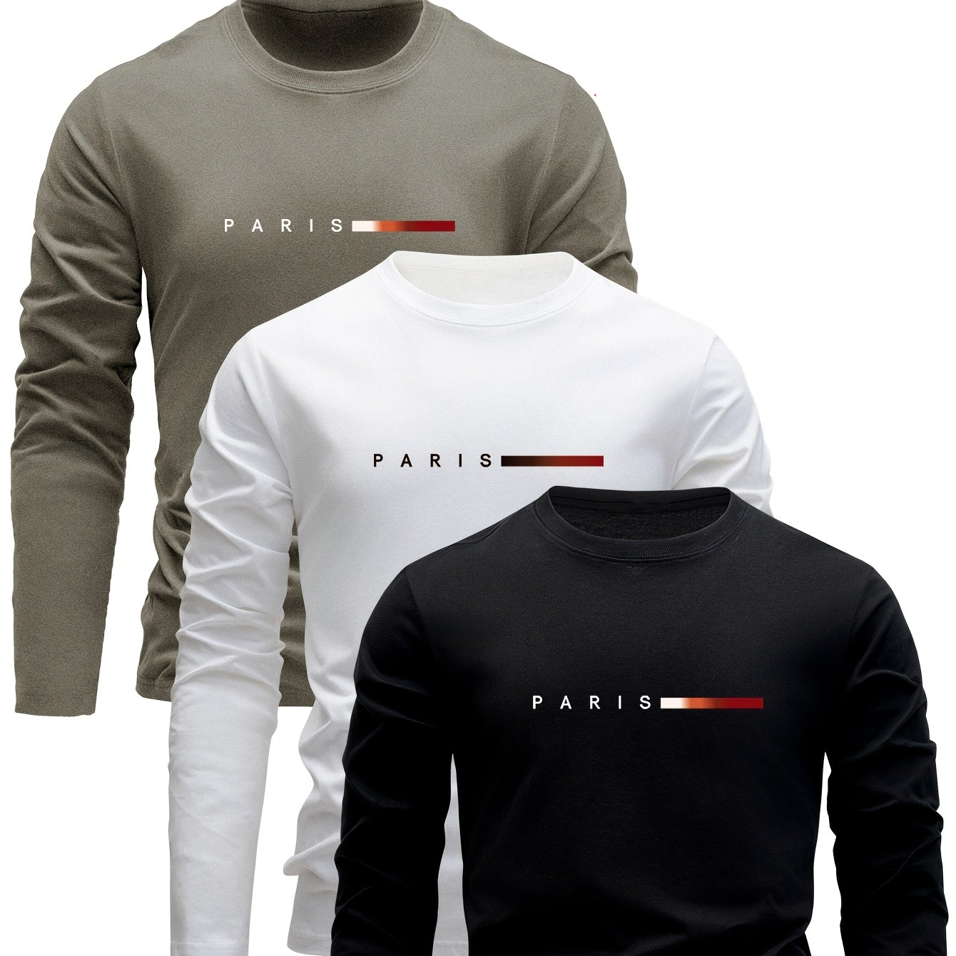 Herren Langarmshirt 3er-Set mit Rundhalsausschnitt und „Paris“-Druck