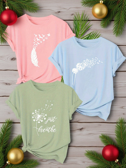 T-shirt graphique femme avec motifs naturels et phrase inspirante – Décontracté, manches courtes, design moderne