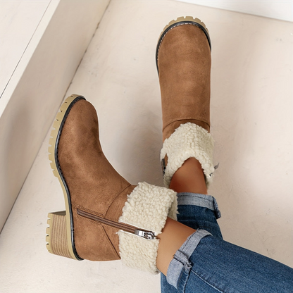 Damen Stiefeletten mit Blockabsatz, Plüschrand und Schnalle, Braun