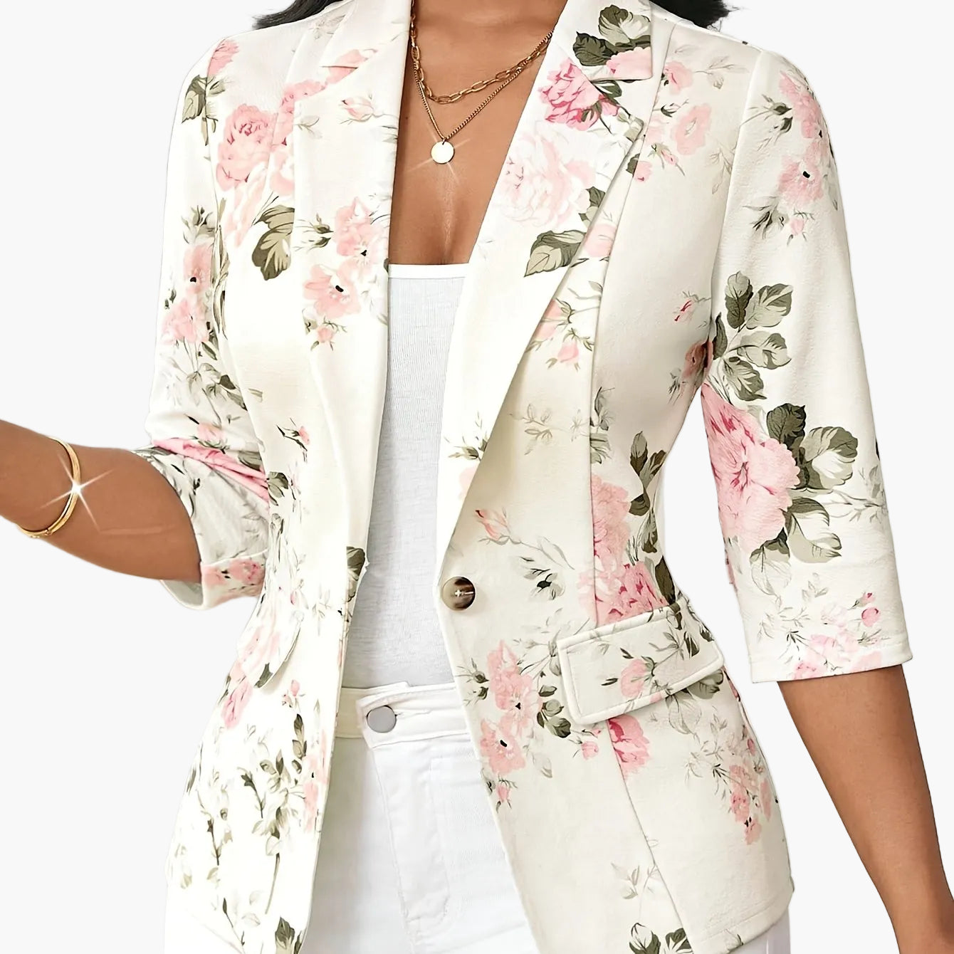 Dames Elegante Blazer met Bloemenpatroon en 3/4 Mouwen – Perfect voor Kantoor en Vrije Tijd