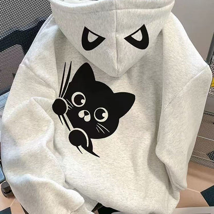 Unisex Kapuzenpullover Hellgrau mit Katze und Augen Print