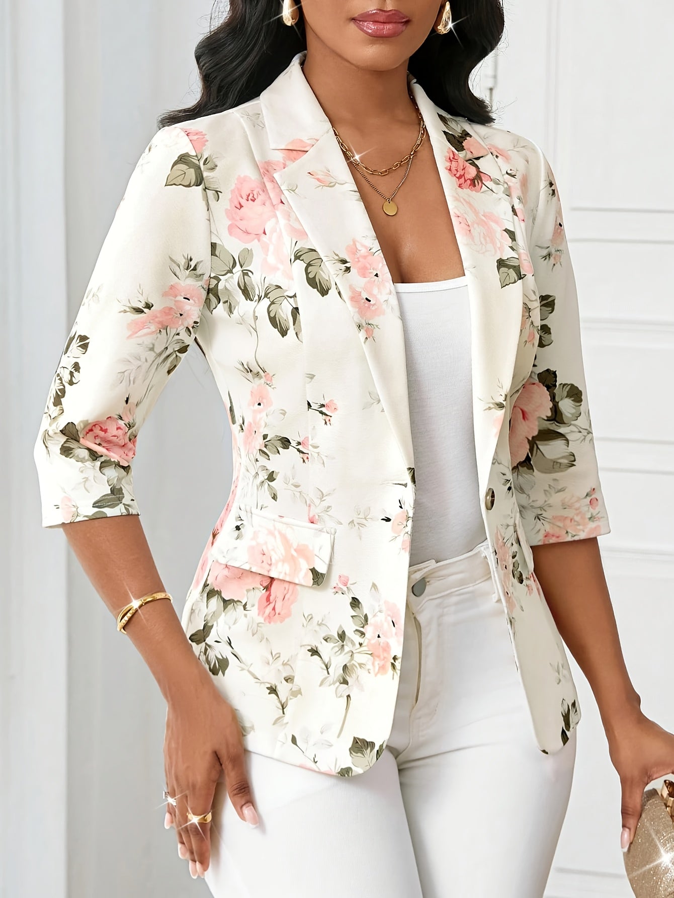Dames Elegante Blazer met Bloemenpatroon en 3/4 Mouwen – Perfect voor Kantoor en Vrije Tijd