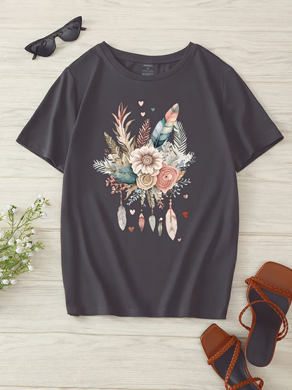 Dame T-skjorte med blomster- og fjærprint, avslappet, sommermote