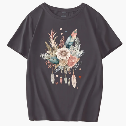 Dame T-skjorte med blomster- og fjærprint, avslappet, sommermote