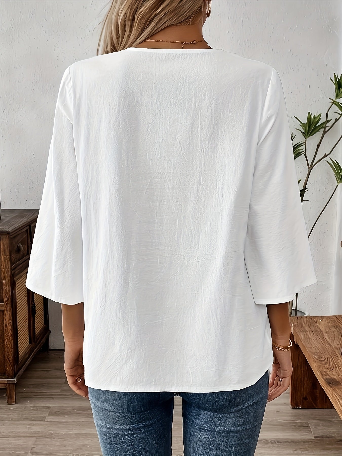 Damen Boho-Bluse mit Stickerei und 3/4-Ärmeln – Elegante Tunika für Alltag & Freizeit