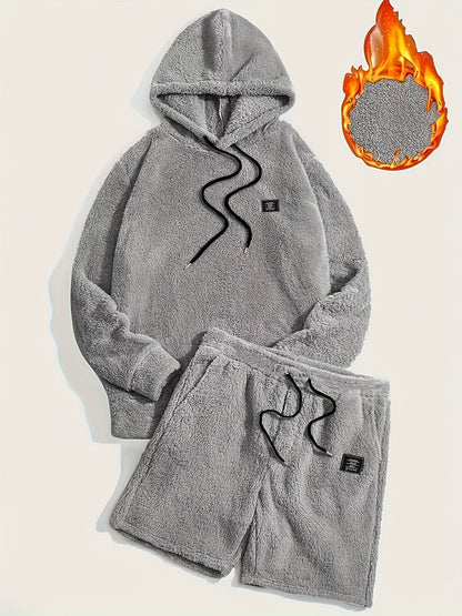 Unisex teddyfleece hoodie- en shortset met capuchon en trekkoord
