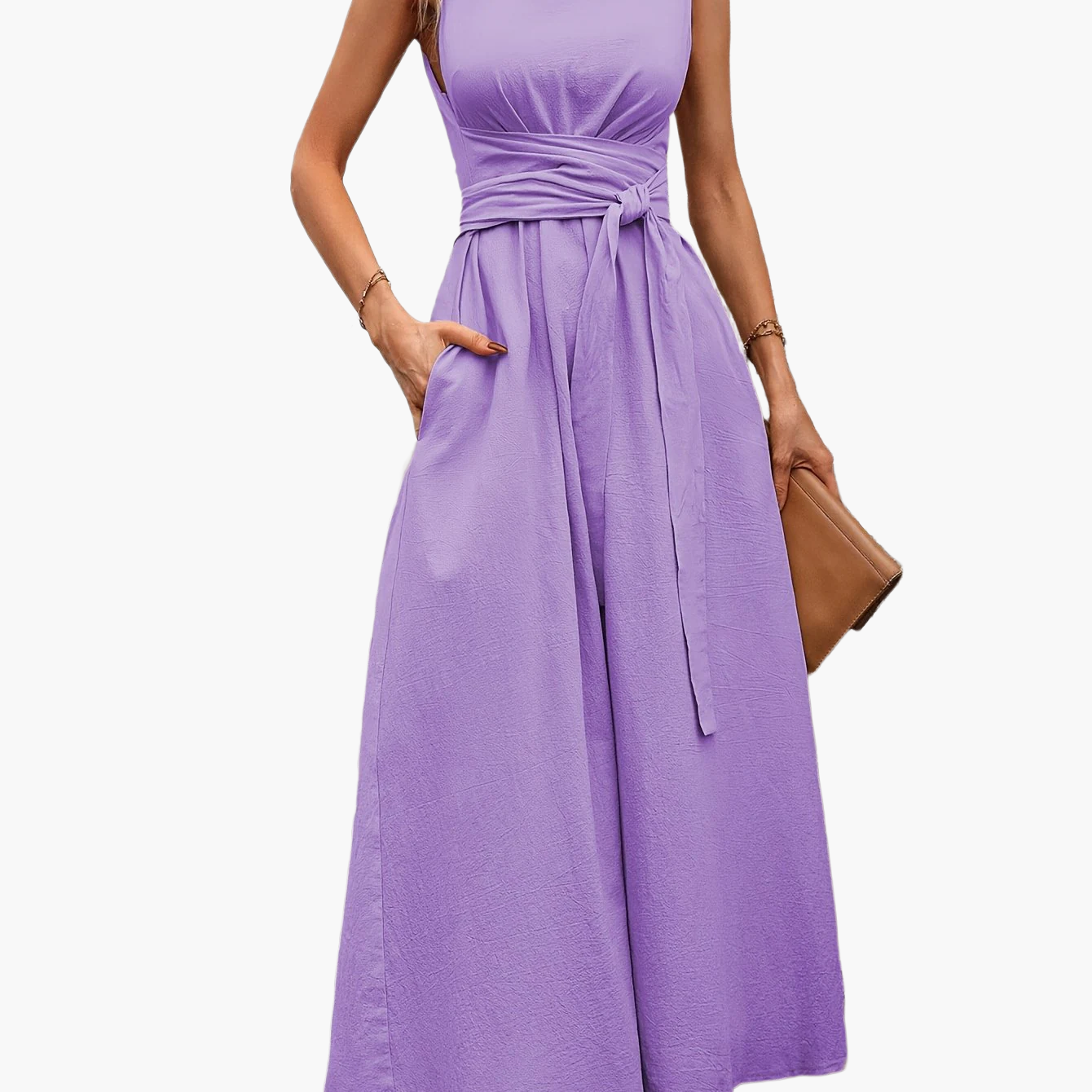 Combinaison sans manches pour femme avec ceinture à nouer et jambes larges – Style décontracté élégant pour le printemps et l'été