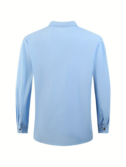Camicia casual da uomo con collo alla coreana e abbottonatura – Maglia a maniche lunghe elegante per tutti i giorni e il weekend