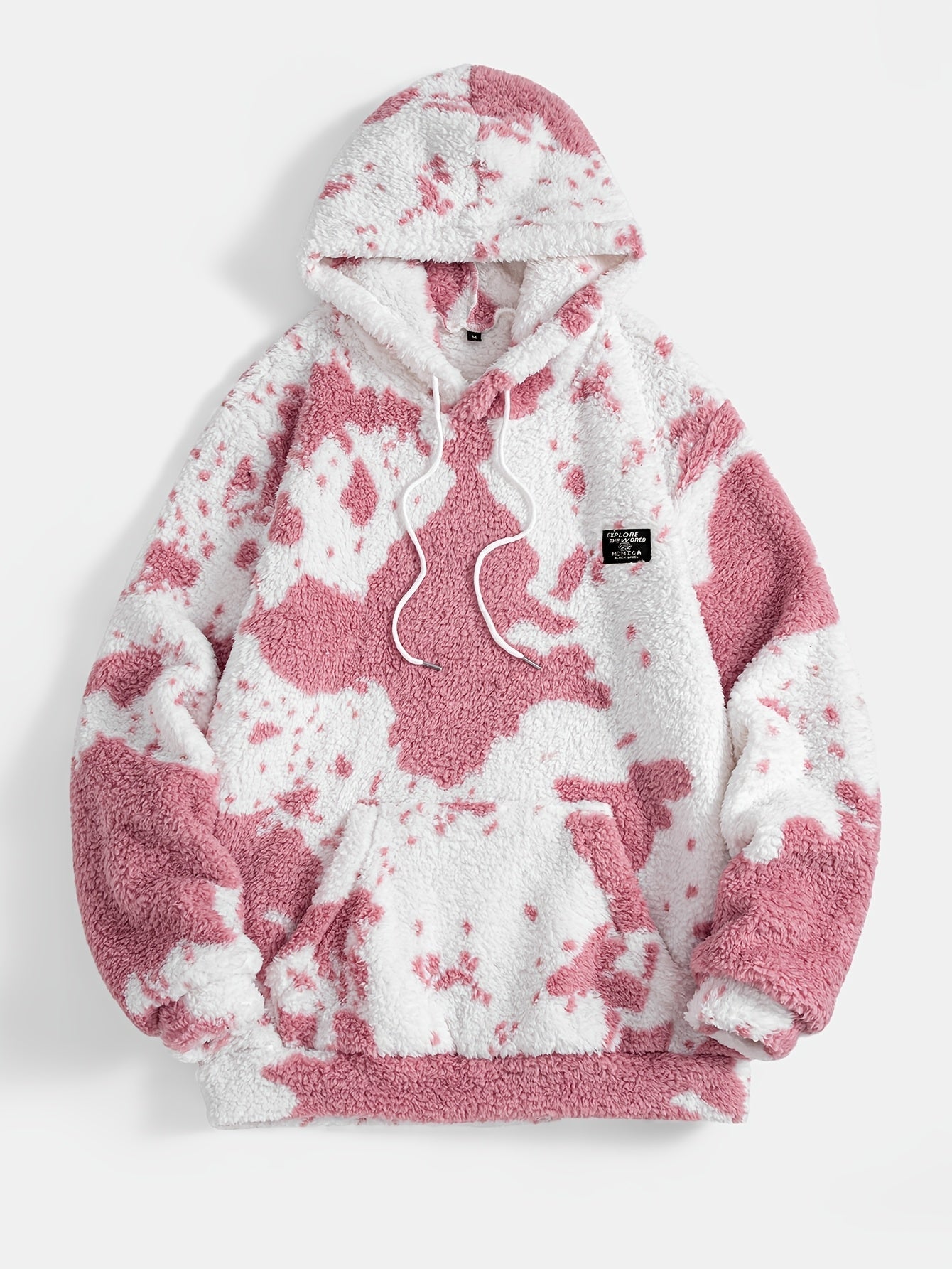 Unisex Teddy Fleece Hoodie mit Kapuze und Kuhfleckenmuster