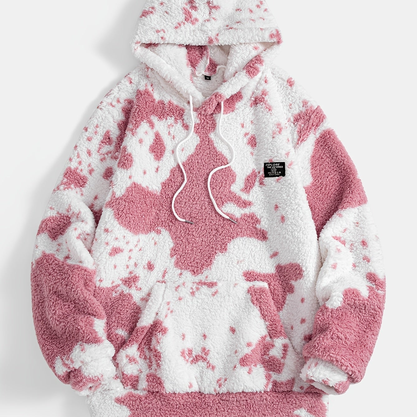 Unisex Teddy Fleece Hoodie mit Kapuze und Kuhfleckenmuster